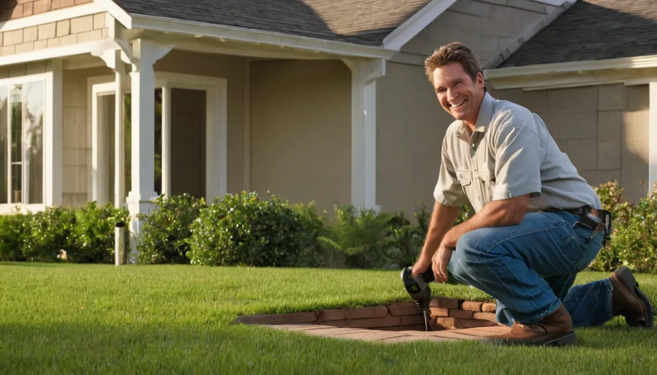 A friendly pest control provider talking with a homeowner beside a Austin home while checking the foundation